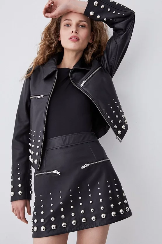 Best reviews of π€© Karen Millen Leather Graduate Dome Stud Zip Through Biker Jacket - black π€© - Image 2