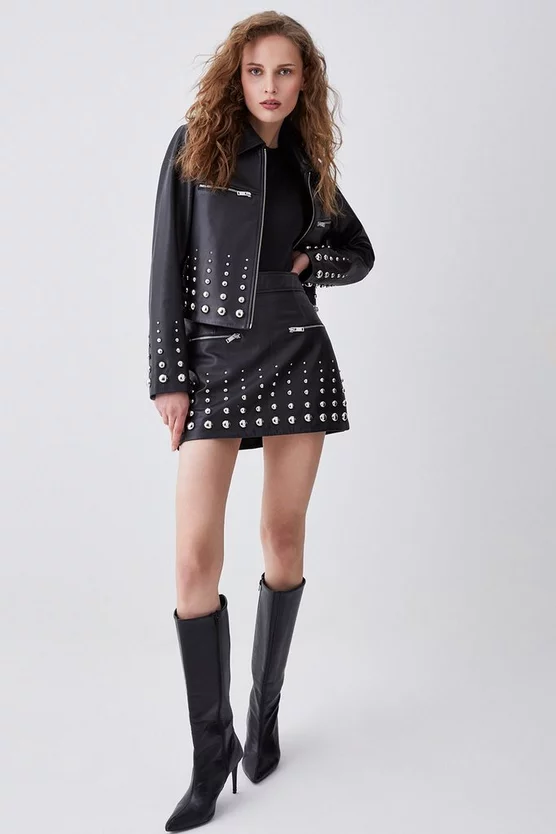 Best reviews of π€© Karen Millen Leather Graduate Dome Stud Zip Through Biker Jacket - black π€© - Image 3