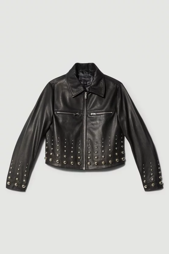 Best reviews of π€© Karen Millen Leather Graduate Dome Stud Zip Through Biker Jacket - black π€© - Image 4