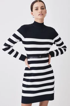 Top 10 🎁 Karen Millen Petite Stripe Rib Knit Belted Mini 👗 Dress 💯