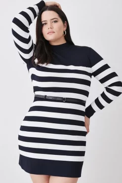 Deals 🥰 Karen Millen Plus Size Stripe Rib Knit Belted Mini 👗 Dress 🥰