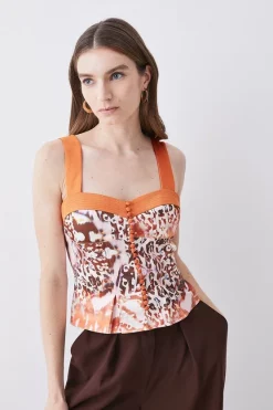 Cheap ⌛ Karen Millen Topstitch Detail Mixed Animal Top ⭐