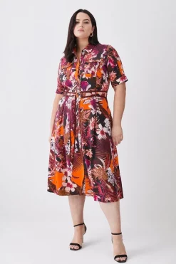 Discount 💯 Karen Millen Plus Size Tropical Floral Premium Linen Woven 👕 Shirt 👗 Dress - orange ⌛