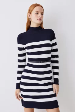 Outlet 👏 Karen Millen Tall Stripe Rib Knit Belted Mini 👗 Dress 🔔
