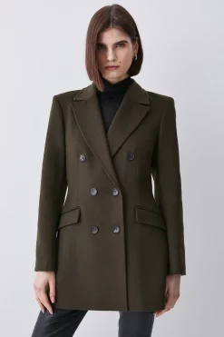Best Pirce 🥰 Karen Millen Italian Virgin Wool Double Breast Short 🧥 Coat - khaki 😉