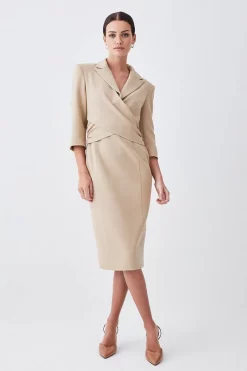 Deals 👍 Karen Millen Petite Compact Crepe Wrap Waist Pencil Midi 👗 Dress 🤩