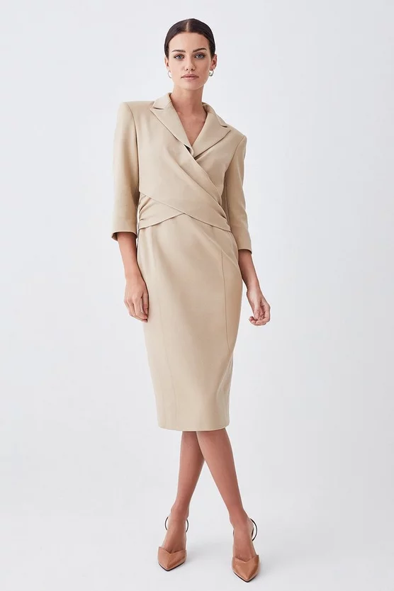 Deals 👍 Karen Millen Petite Compact Crepe Wrap Waist Pencil Midi 👗 Dress 🤩