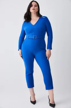 Top 10 ⭐ Karen Millen Plus Size Compact Stretch Button Detail Slim Leg Jumpsuit - cobalt 🌟