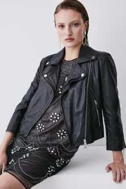 Cheap 🥰 Karen Millen Washed Shrunken Leather Biker Jacket 👏