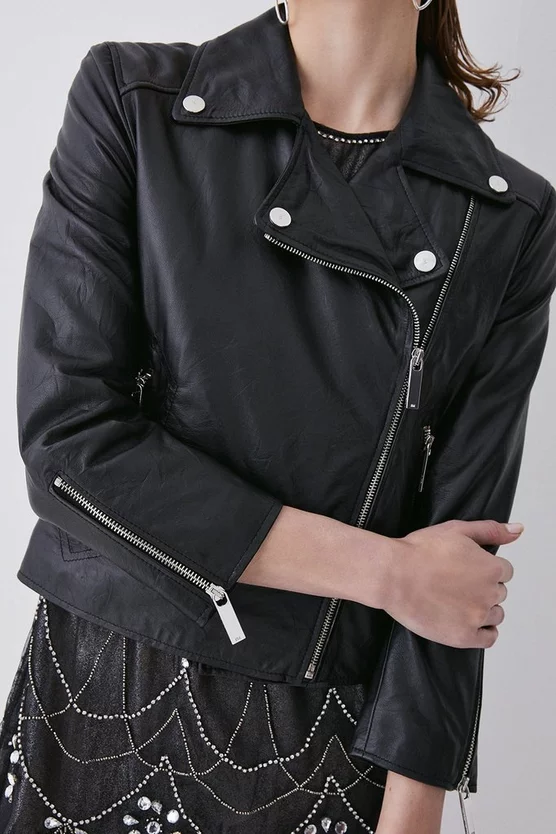 Cheap π₯° Karen Millen Washed Shrunken Leather Biker Jacket π - Image 2