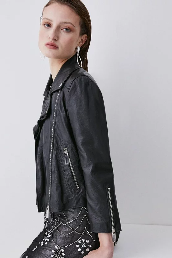 Cheap π₯° Karen Millen Washed Shrunken Leather Biker Jacket π - Image 3
