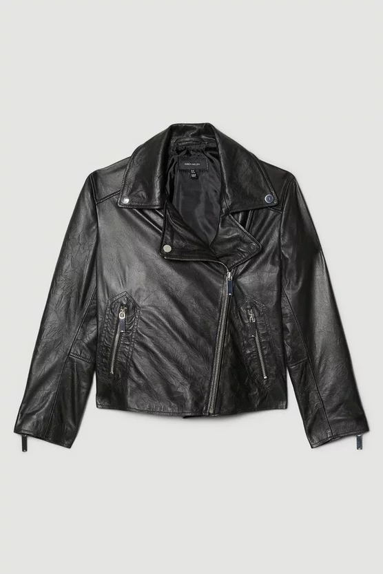 Cheap π₯° Karen Millen Washed Shrunken Leather Biker Jacket π - Image 4