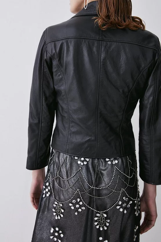 Cheap π₯° Karen Millen Washed Shrunken Leather Biker Jacket π - Image 5