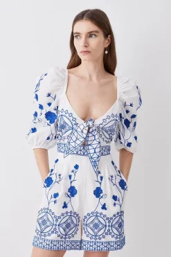 Flash Sale 🔔 Karen Millen Floral & Geo Embroidered Woven Playsuit - blue 🌟