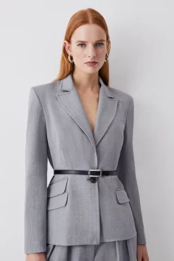 Flash Sale 🧨 Karen Millen Strong Shoulder Tailored Belted Single Breasted Jacket - grey marl 🔥