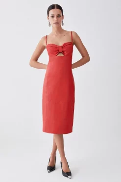 Cheapest π Karen Millen Petite Leather Bow Midi Pencil π Dress - red βοΈ
