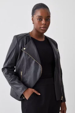 Discount 🔔 Karen Millen Plus Size Leather Asymmetric Zip Through Biker Jacket - black ⌛