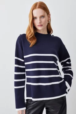Discount 😉 Karen Millen Shoulder Trim Detail Stripe Knit Jumper - navy ✔️