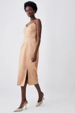 Budget 🛒 Karen Millen Italian Structured Satin Corset Detail Pencil Midi 👗 Dress ✔️