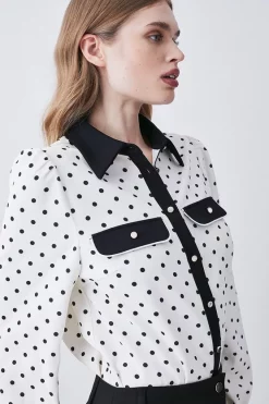 Best Pirce 🔔 Karen Millen Pin Dot Twill Trimmed Woven 👕 Shirt - mono 😀