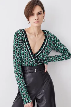 Outlet β€οΈ Karen Millen Printed Wrap Front Long Sleeve Viscose Blend Jersey Top - geo π₯°