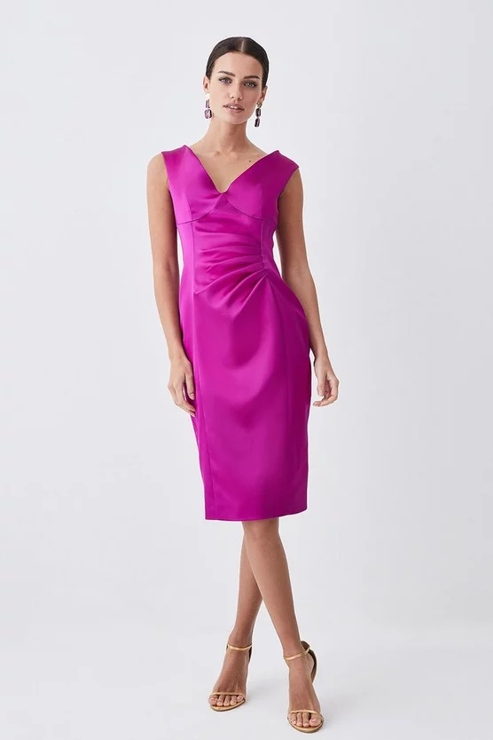 Flash Sale π Karen Millen Petite Italian Structured Satin Off The Shoulder Pencil Midi π Dress - magenta π