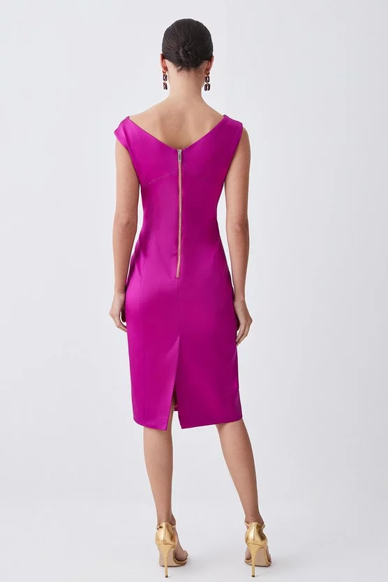 Flash Sale π Karen Millen Petite Italian Structured Satin Off The Shoulder Pencil Midi π Dress - magenta π - Image 3