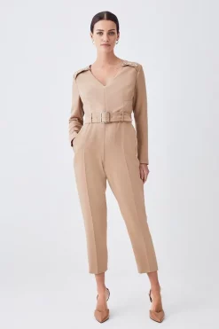 Hot Sale ✔️ Karen Millen Petite Compact Stretch Button Detail Slim Leg Jumpsuit - camel ❤️
