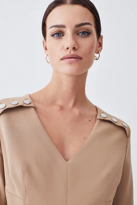 Hot Sale ✔️ Karen Millen Petite Compact Stretch Button Detail Slim Leg Jumpsuit - camel ❤️ - Image 2