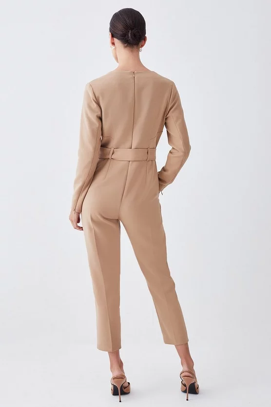 Hot Sale ✔️ Karen Millen Petite Compact Stretch Button Detail Slim Leg Jumpsuit - camel ❤️ - Image 3