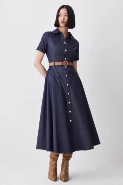 Buy 🔔 Karen Millen Tailored Denim Belted Midi 👕 Shirt 👗 Dress - denim-blue 🎉