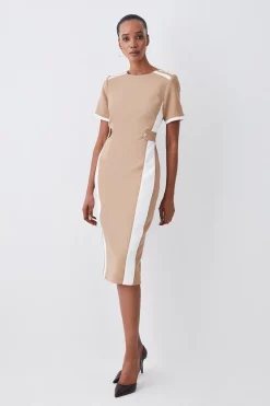 New 😀 Karen Millen Tall Compact Stretch Contrast Panel Midi Pencil 👗 Dress - camel ✨