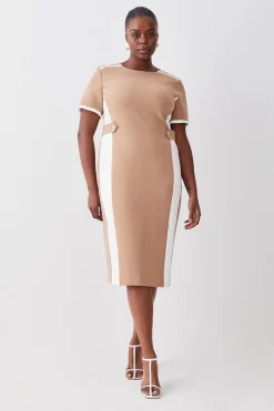 Hot Sale 👍 Karen Millen Plus Size Compact Stretch Contrast Panel Midi Pencil 👗 Dress - camel 🎉