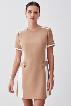 Flash Sale 🔔 Karen Millen Petite Compact Stretch Tipped A Line Mini 👗 Dress - camel 😍