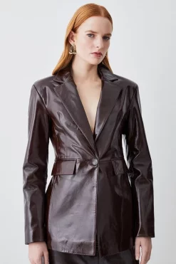 New 🔔 Karen Millen Patent Leather Strong Shoulder Tailored Blazer - chocolate ⌛