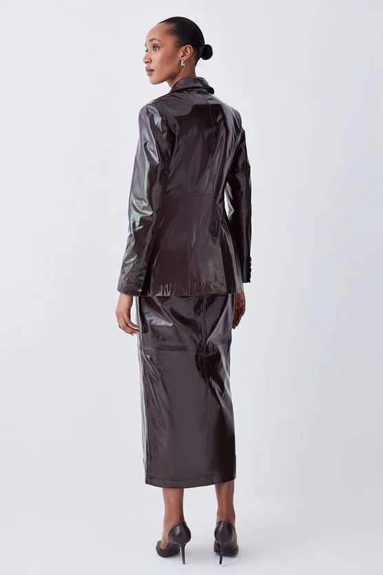 New π Karen Millen Patent Leather Strong Shoulder Tailored Blazer - chocolate β - Image 4