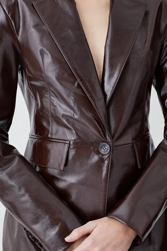 New π Karen Millen Patent Leather Strong Shoulder Tailored Blazer - chocolate β - Image 5