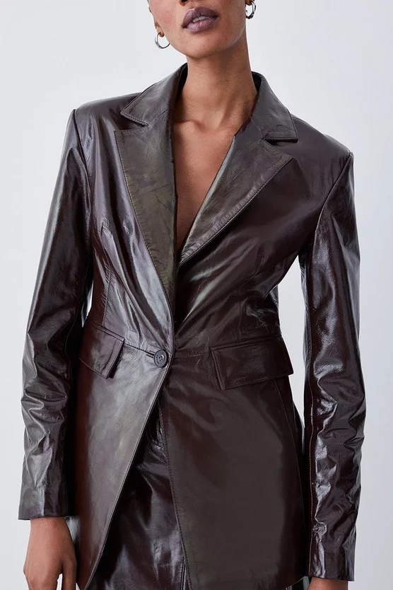 New π Karen Millen Patent Leather Strong Shoulder Tailored Blazer - chocolate β - Image 7