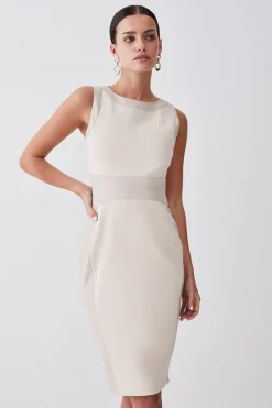 Buy β¨ Karen Millen Petite Ponte And Faux Leather Pencil Midi π Dress - light beige β€οΈ