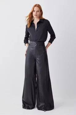 Outlet π Karen Millen Leather Belted High Waisted Wide Leg Trouser - black β€οΈ