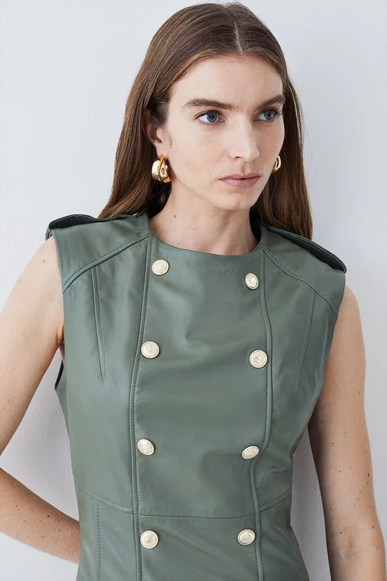Best deal ❤️ Karen Millen Tall Leather Military Button Flippy Mini 👗 Dress - khaki 😍 - Image 2