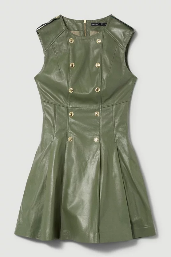 Best deal ❤️ Karen Millen Tall Leather Military Button Flippy Mini 👗 Dress - khaki 😍 - Image 4