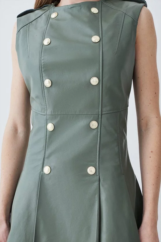 Best deal ❤️ Karen Millen Tall Leather Military Button Flippy Mini 👗 Dress - khaki 😍 - Image 5