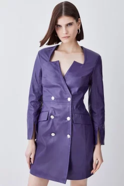 Promo π Karen Millen Tall Leather Double Breasted Blazer Notch Neck Mini π Dress - violet β€οΈ