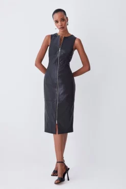 Deals βοΈ Karen Millen Petite Leather Zip Though Pencil Midi π Dress - black π₯