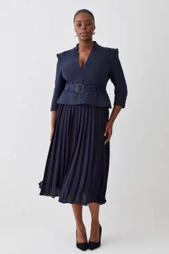 Cheapest 🎉 Karen Millen Plus Size Structured Crepe Forever Pleated Midi 👗 Dress - navy 🎉