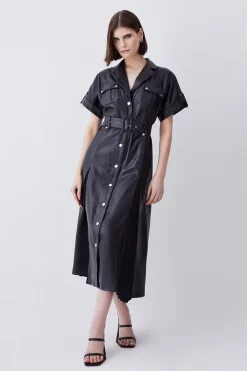 Top 10 🛒 Karen Millen Leather Belted Button Detail 👚 Shirt Midi 👗 Dress - black 😍