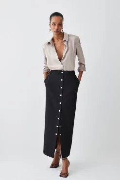 Outlet 💯 Karen Millen Compact Stretch Popper Detail Maxi 👗 Skirt 🧨