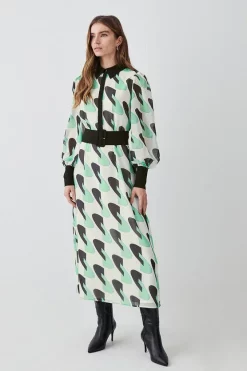 Promo ⌛ Karen Millen Geo Georgette Belted Midi 👚 Shirt 👗 Dress 😉