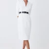 Outlet 😉 Karen Millen Petite Compact Stretch Belted Forever Belted Midi 👗 Dress - ivory 🎉